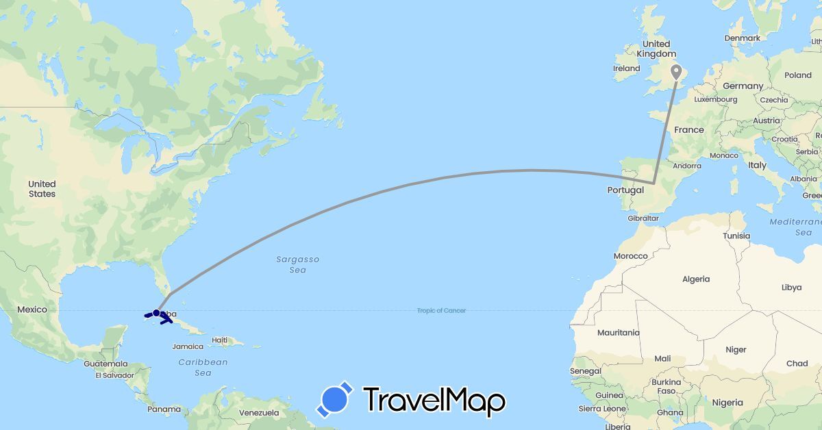 TravelMap itinerary: driving, plane in Cuba, Spain, United Kingdom, United States (Europe, North America)